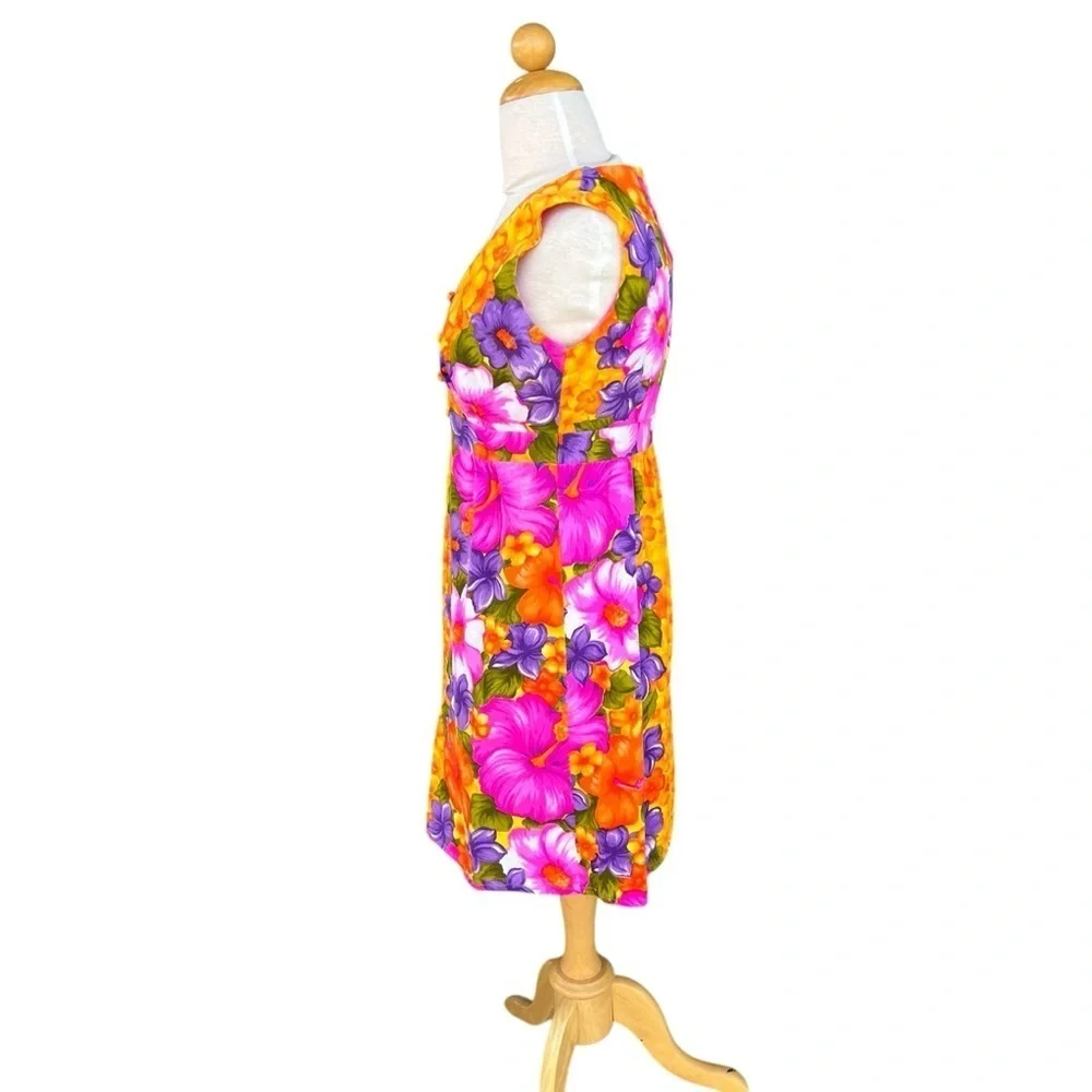 VTG Hawaiian Togs Barkcloth Tiki Mini Dress Bright Colorful Hibiscus Plumeria XS